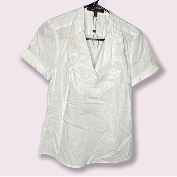 BCBGMaxAzria Tops - bcbgmaxazria yoke front victorian blouse ruffle size zip crisp white S NWOT nice